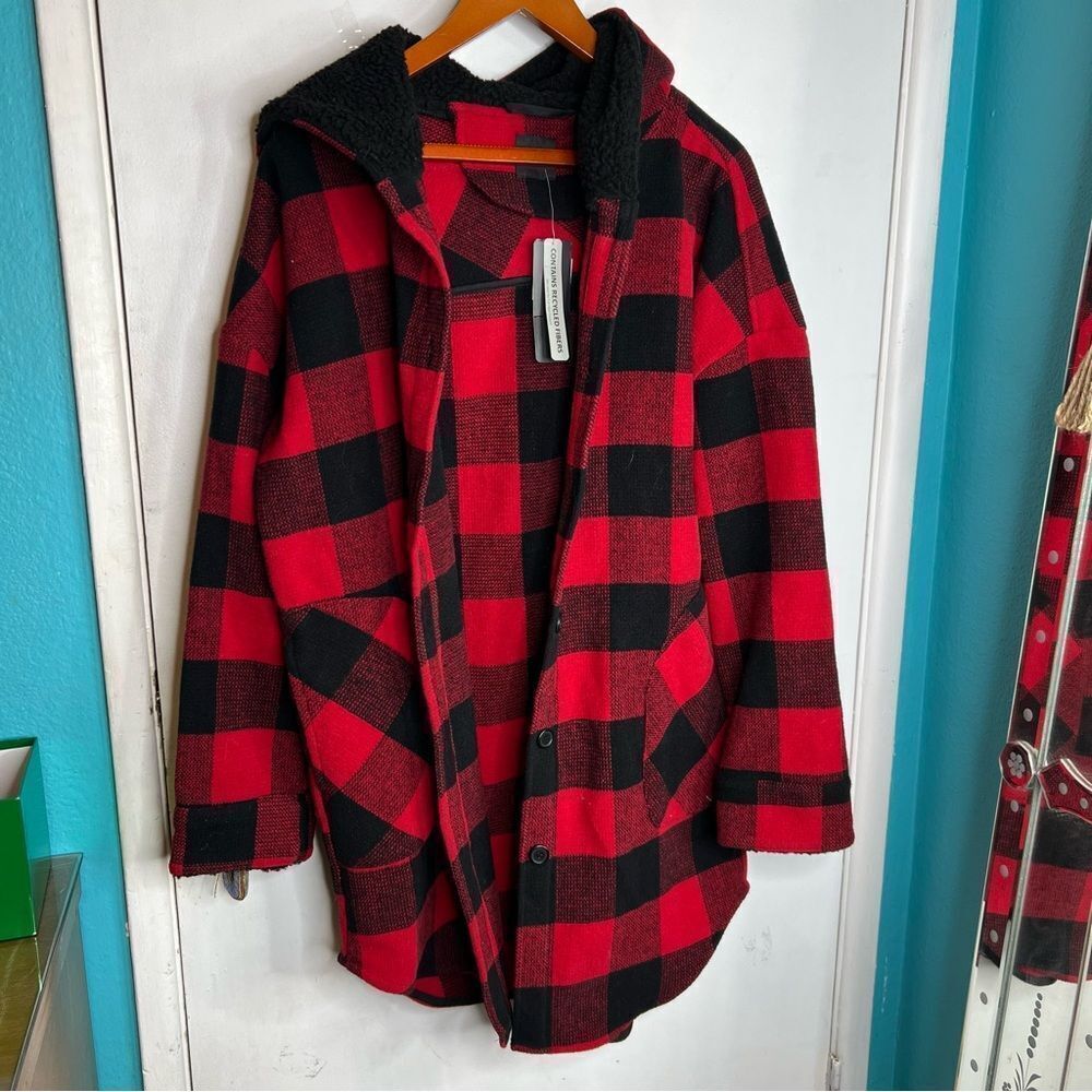 DENIM & CO Fleece Bonded Sherpa Coat Pockets Fall buffalo plaid